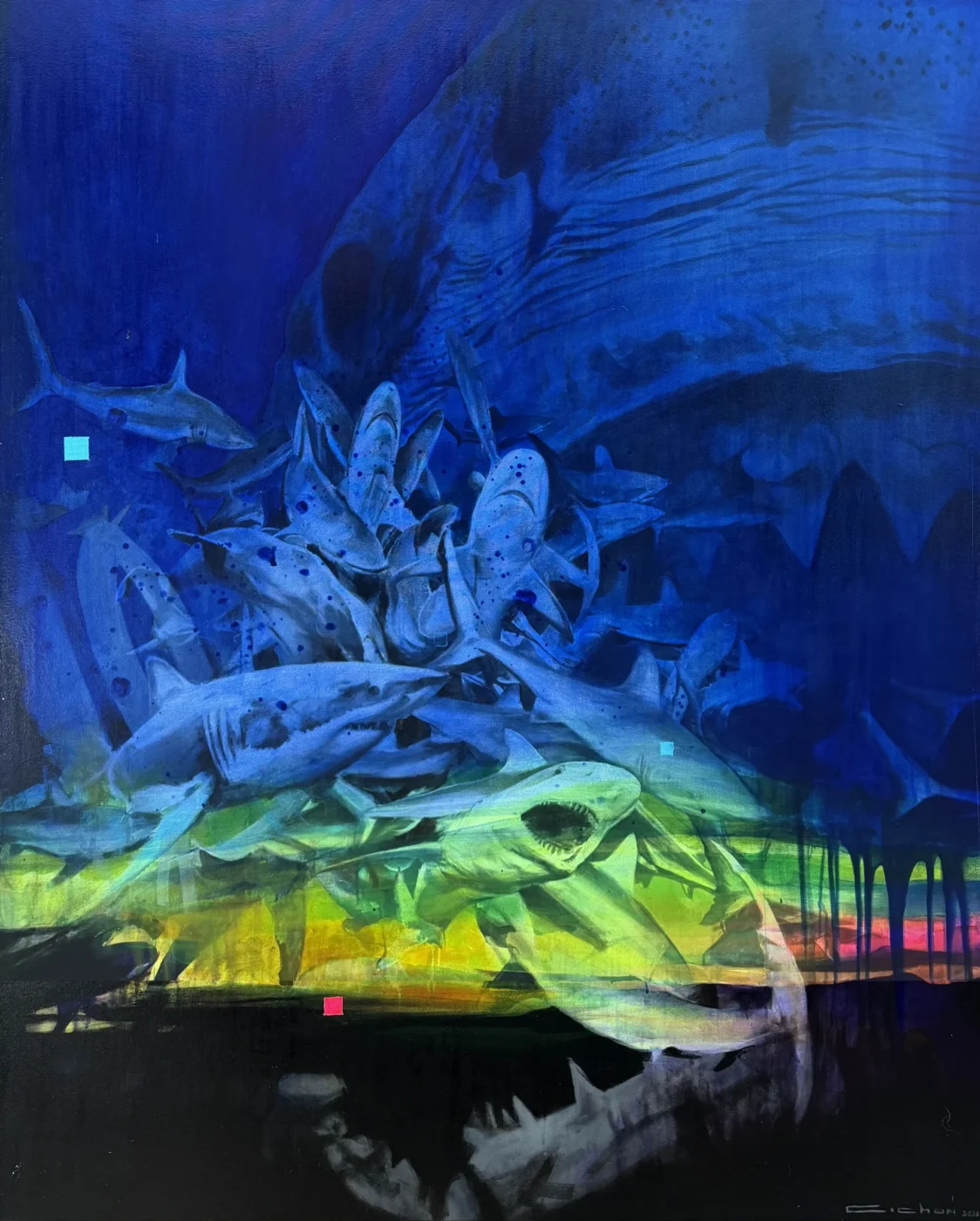 Tiburones, 120 x 150 cm, acrílico y óleo sobre lienzo