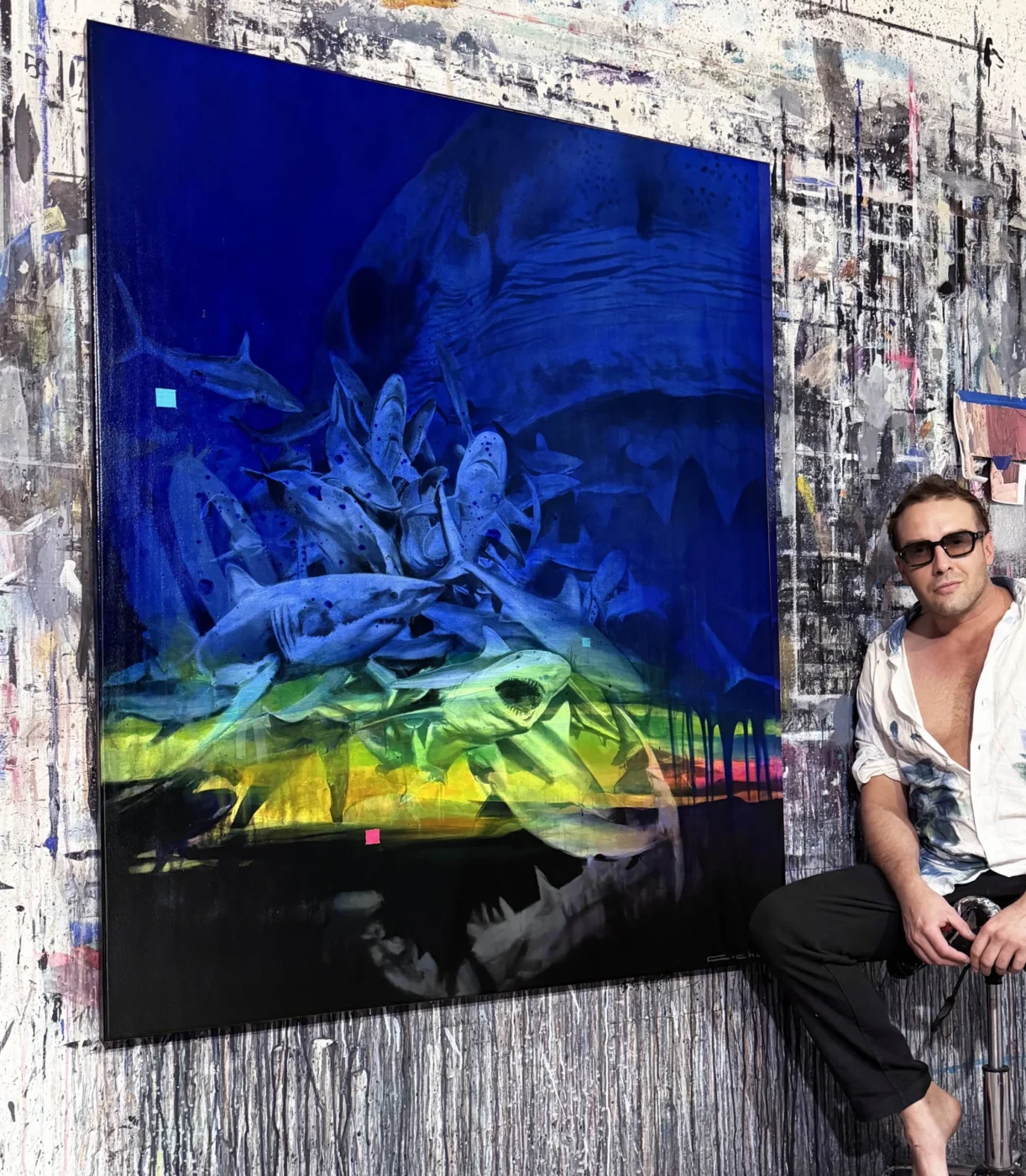 Tiburones, 120 x 150 cm, acrílico y óleo sobre lienzo